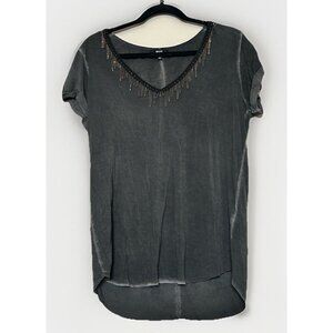 PAIGE Black Gunmetal Tshirt Short Sleeve Top With Metal Fringe V Neck Size Large